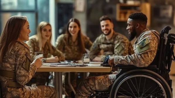 Veterans in uniform talking and laughing around a table